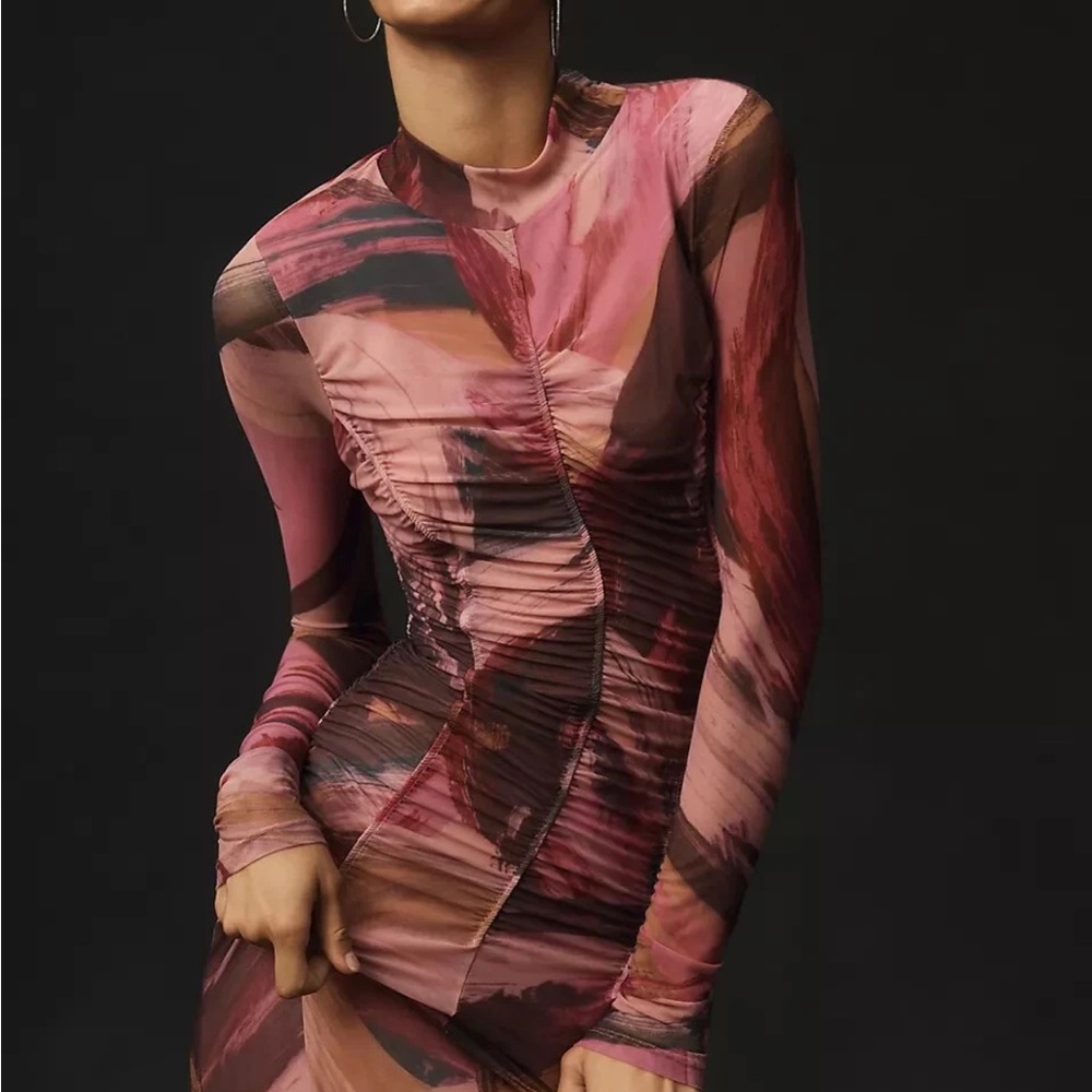 Anthropologie Long Sleeve Printed Mesh Midi Maxi Dress Ruched Mock Neck - Picture 13 of 16